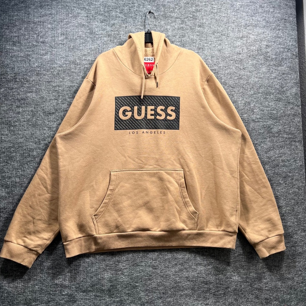 Guess Los Angeles Box Logo Hoodie Mens XXL Tan Graphic Pullover Sweatshirt